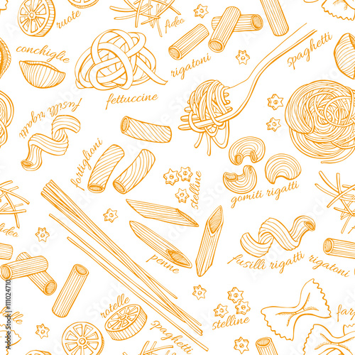 Vector hand drawn pasta pattern. Vintage line art illustration.
