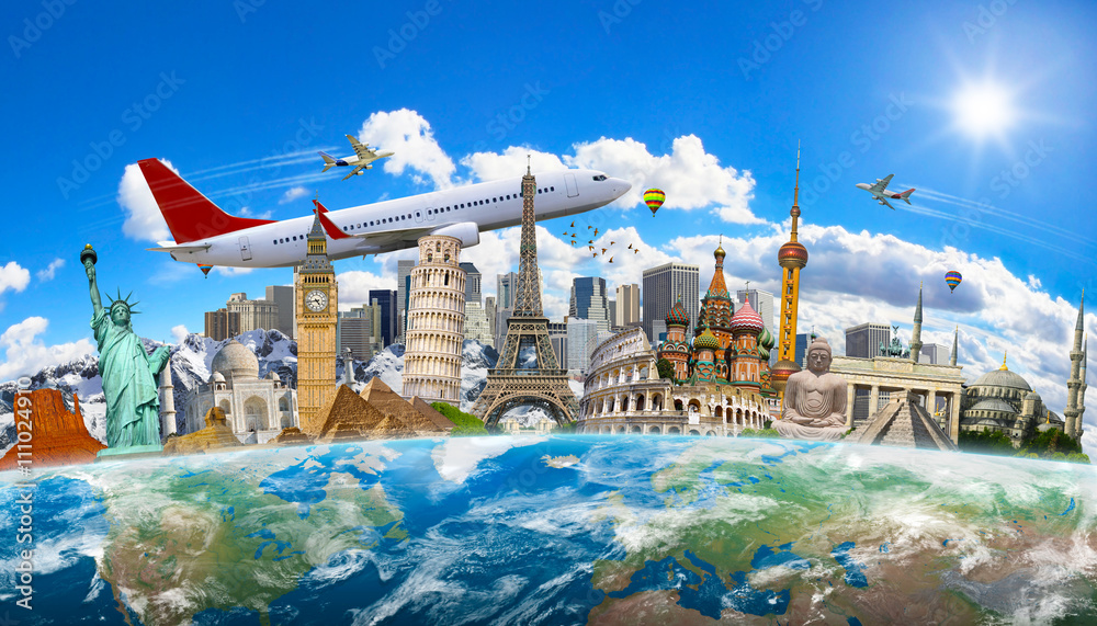 Famous landmarks of the world grouped together on planet Earth - obrazy, fototapety, plakaty 