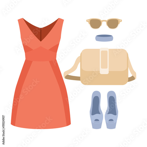 Set of trendy women's clothes with dress and accessories. Vector illustration