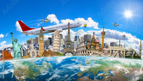 Famous landmarks of the world grouped together on planet Earth photo