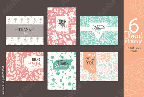 Six vintage floral wedding thank you card set with fun frmaes, text, retro fl...