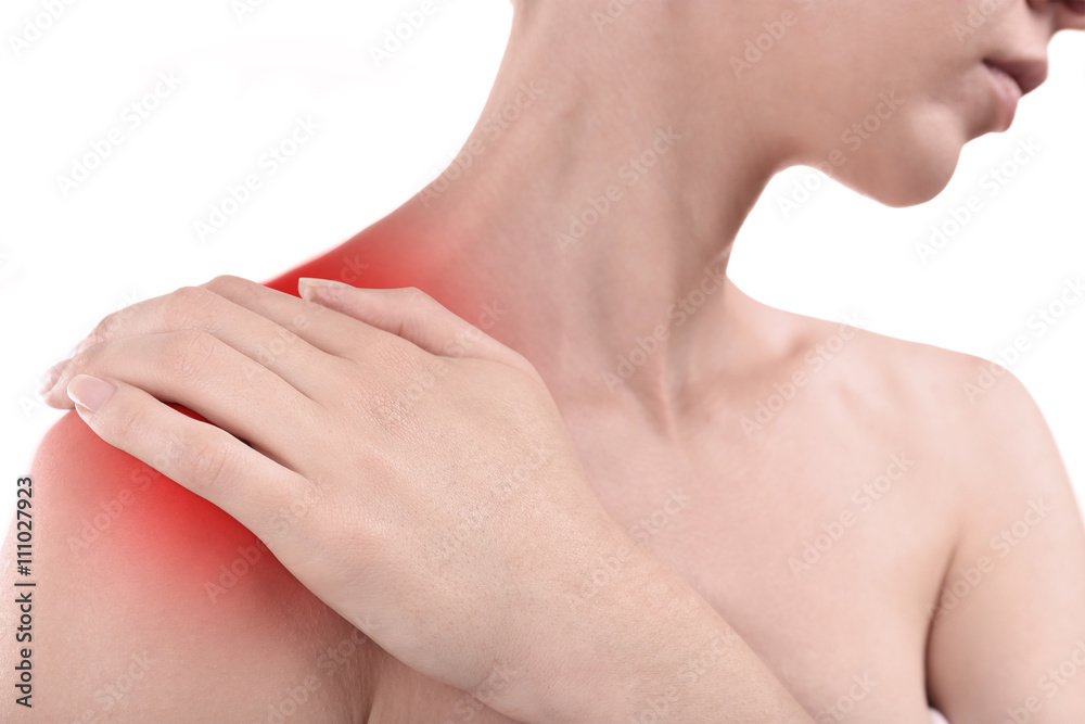 Young woman with shoulder pain close up Young woman with shoulder pain close up
