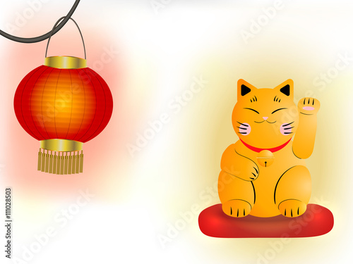 Red Chinese lantern, cat maneki neko