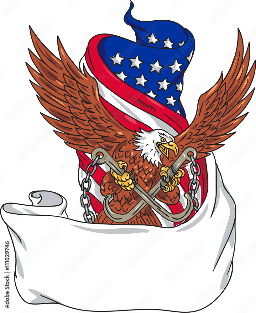 Fototapeta premium American Eagle Clutching Towing J Hook Flag Unfurled Drawing