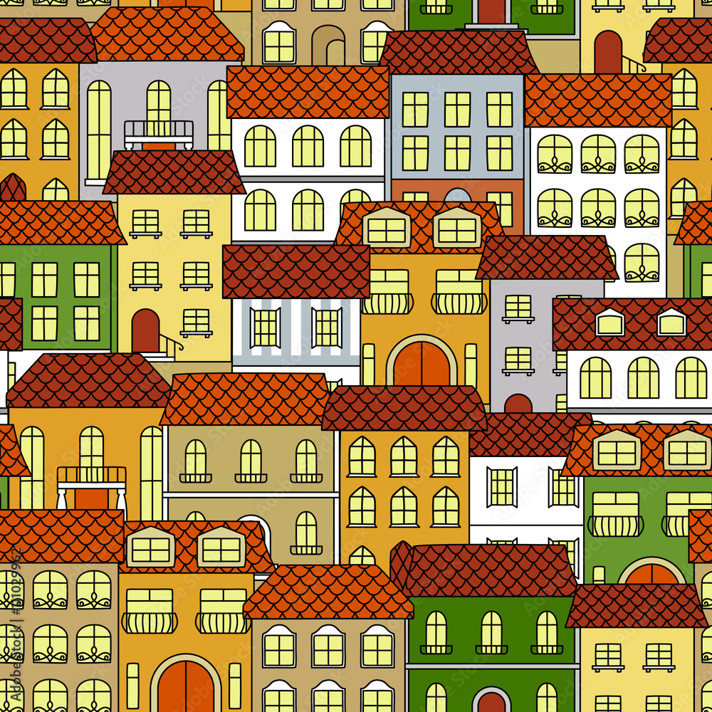 Cityscape seamless pattern with colorful houses 