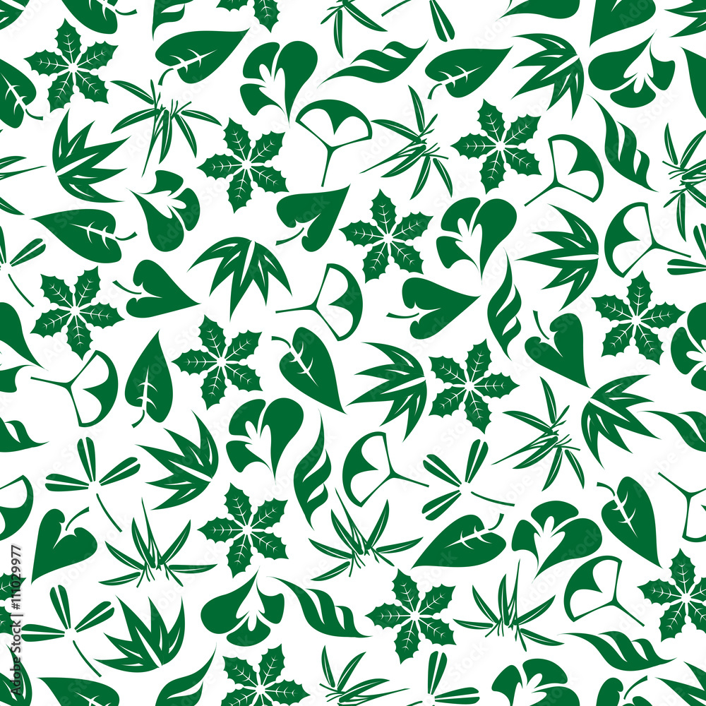 Seamless emerald green leaves and twigs pattern 