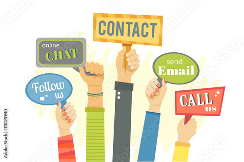 Flat banner of hands holding signs with social activities