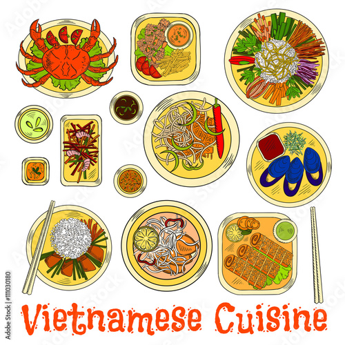 Spicy and refreshing vietnamese dinner sketch icon