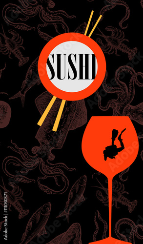 Cover for sushi bar menu with wine glass and diver