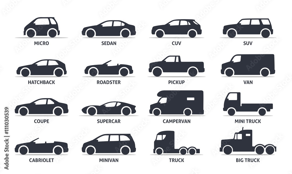 Car Type and Model Objects icons Set, automobile. Vector black illustration isolated on white background with shadow. Variants of car body silhouette for web