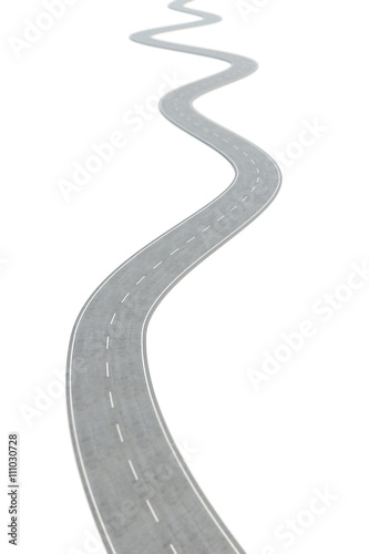 Curved asphalt road going forward with white markings. 3d illustration