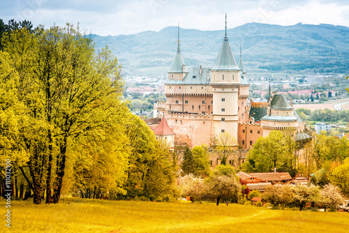 Landscape view with Bojnice castle and mountains in Slovakia