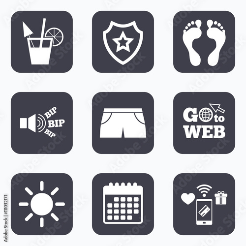 Beach holidays icons. Cocktail, human footprints