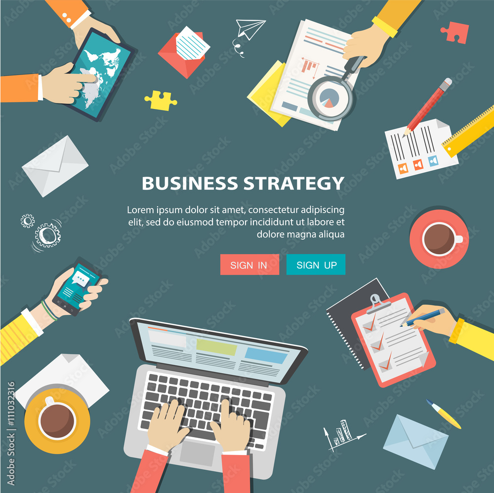 Flat banner of bussiness strategy. Desktop with objects and hand