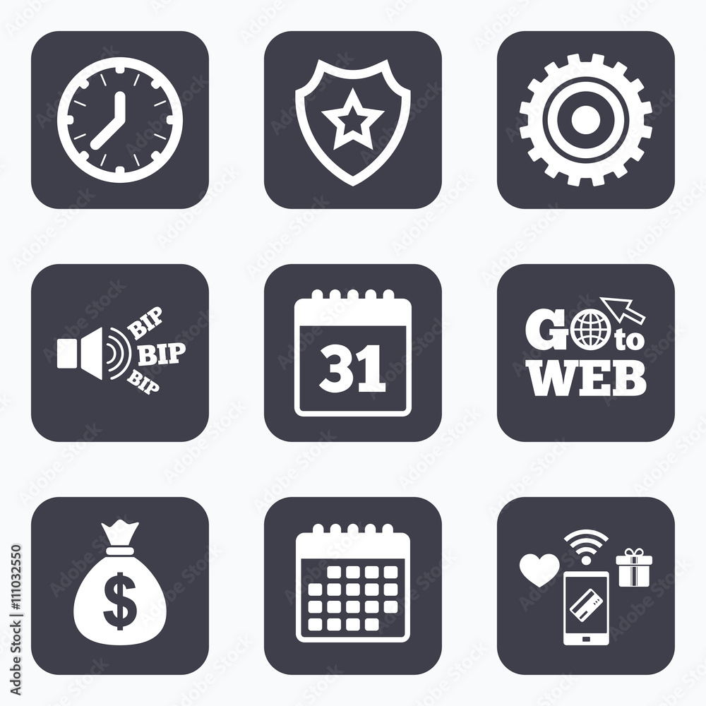 Business signs. Calendar and USD money bag icons Business signs. Calendar and USD money bag icons