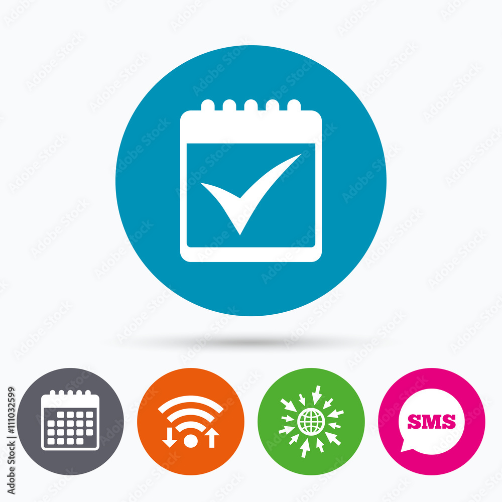 Calendar sign icon. Check mark symbol. Calendar sign icon. Check mark symbol.