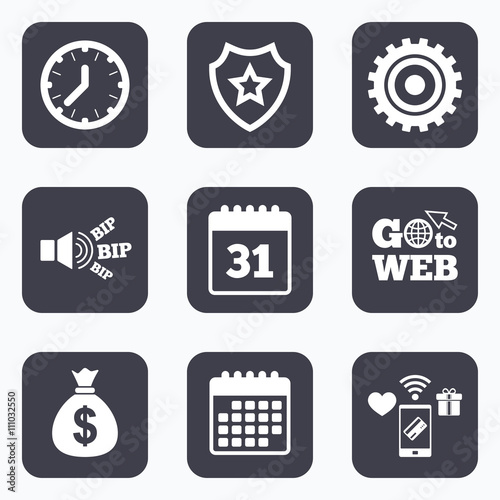 Business signs. Calendar and USD money bag icons