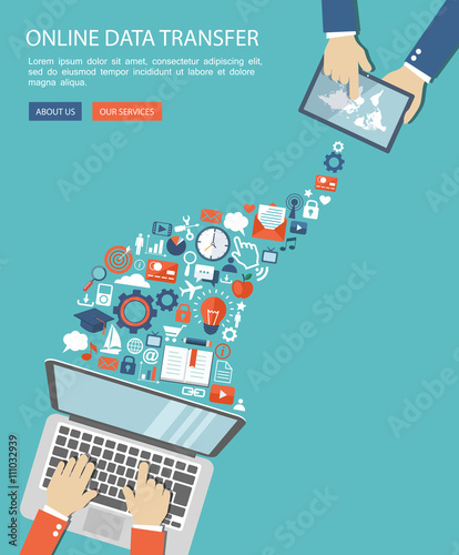 Flat banner of hands holding laptop and tablet with icons. Neywo