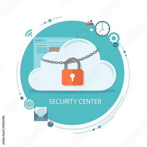 Flat illustration of security center. Cloud  with lock and icons