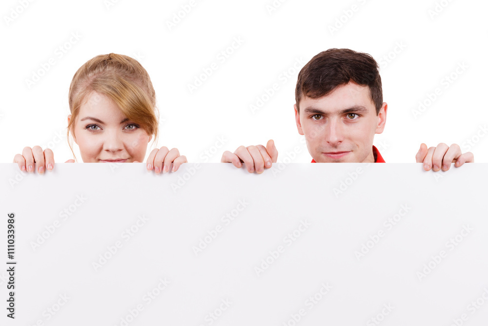 Couple with blank presentation board banner sign Couple with blank presentation board banner sign