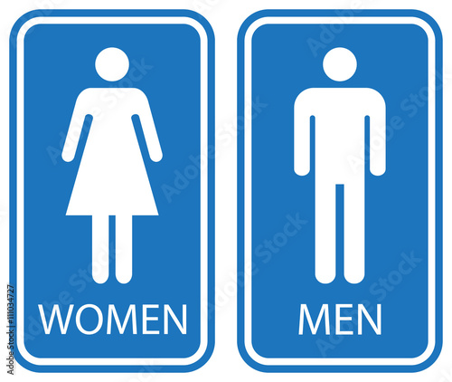 Male and female toilet sign, white isolated on blue background, vector illustration.