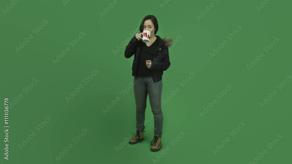 caucasian girl with winter jacket isolated on green screen in love coffee break caucasian girl with winter jacket isolated on green screen in love coffee break