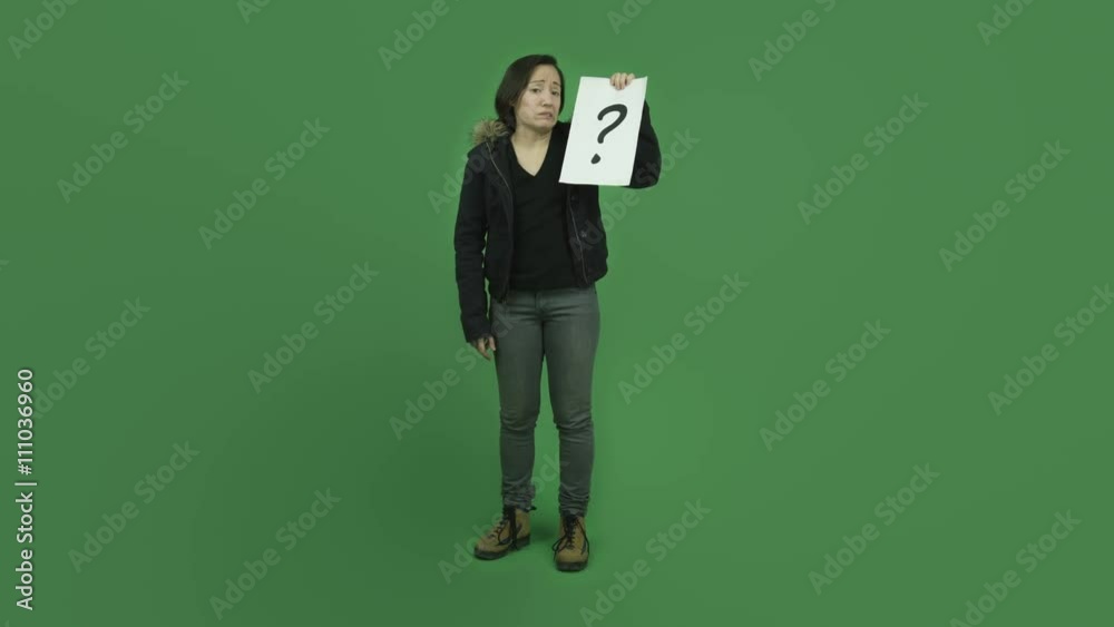 caucasian girl with winter jacket isolated on green screen confused with question mark sign caucasian girl with winter jacket isolated on green screen confused with question mark sign