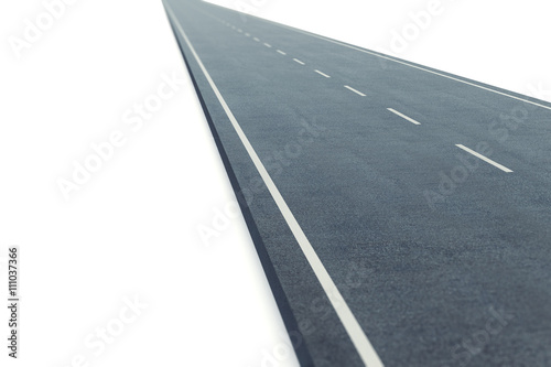 Road with a marking going to distance isolated on white background. 3d illustration. Depth of Field Effect