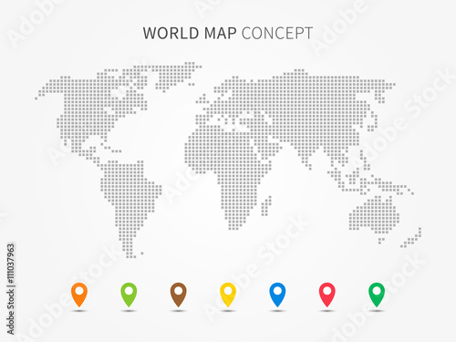 Fototapeta Naklejka Na Ścianę i Meble -  World map infographic with colorful pointers vector illustration. Modern world map with pins graphic design. International world map layout. Global map creative concept.
