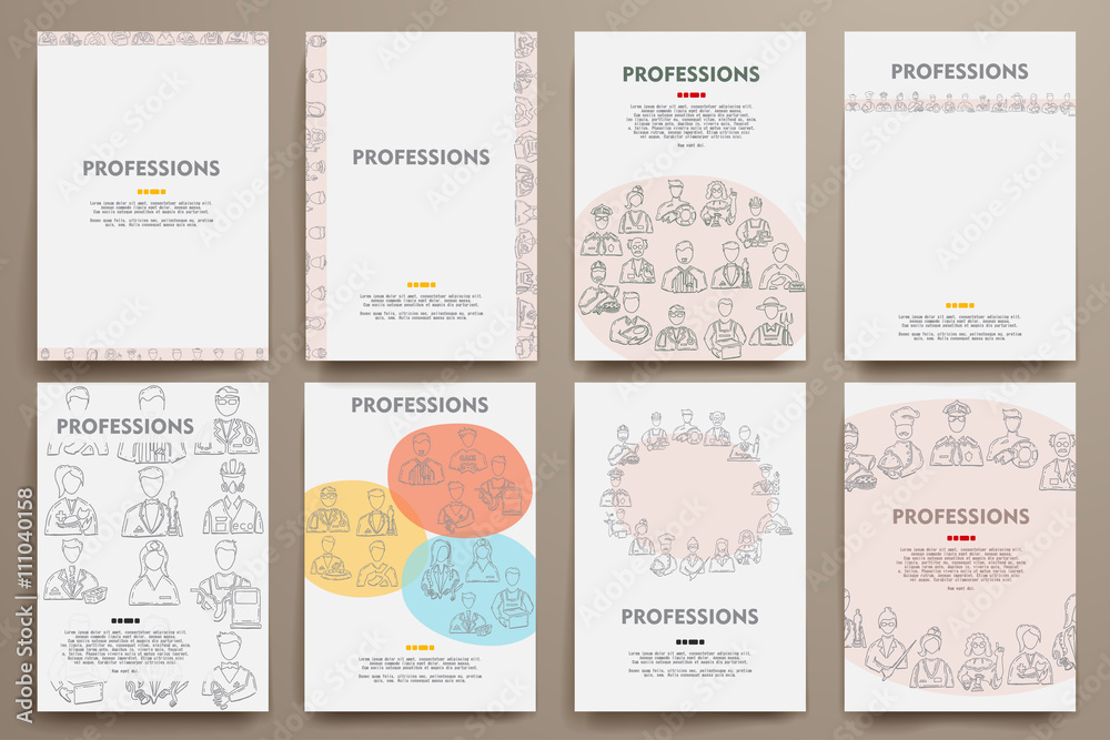 Corporate identity vector templates set with doodles professions theme