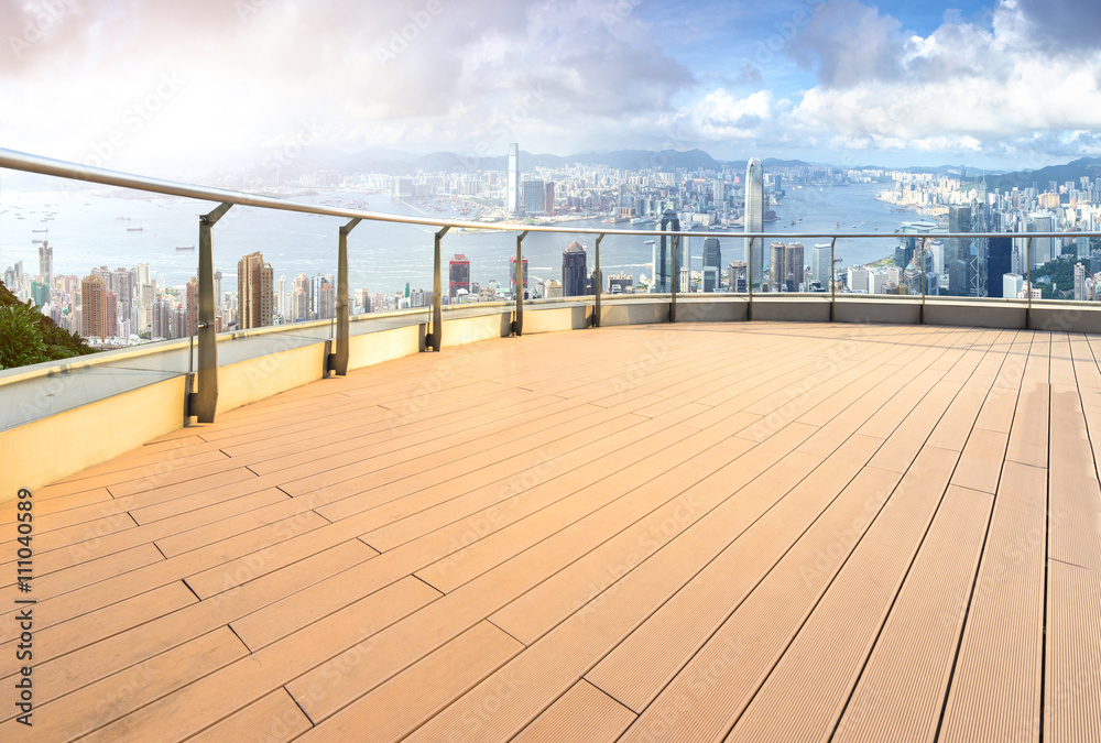 empty floor with cityscape and skyline of hong kong