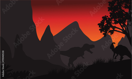 tyrannosaurus and parasaurolophus silhouette in hills