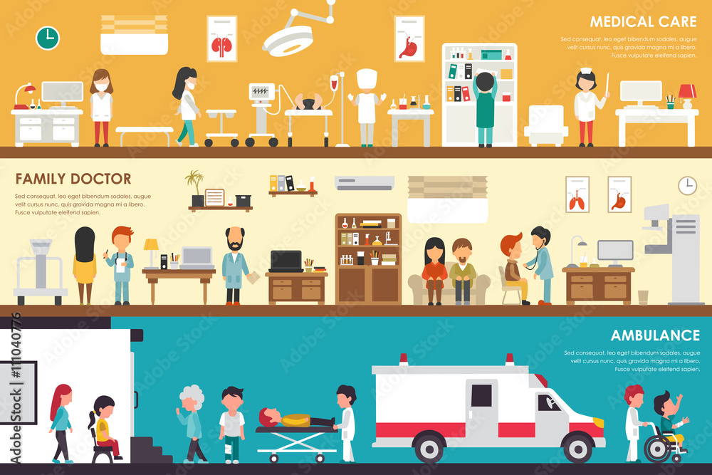 Medical Care Family Doctor Ambulance flat hospital interior outdoor concept web vector illustration. Sugrery, Patients, First Aid, Medicine service