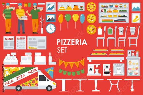 Fototapeta Naklejka Na Ścianę i Meble -  Big detailed Pizzeria Interior flat icons set. Menu, Refrigerator, Waiter, Chairs, Deliveryman, Tables. Pizza conceptual web vector illustration. 