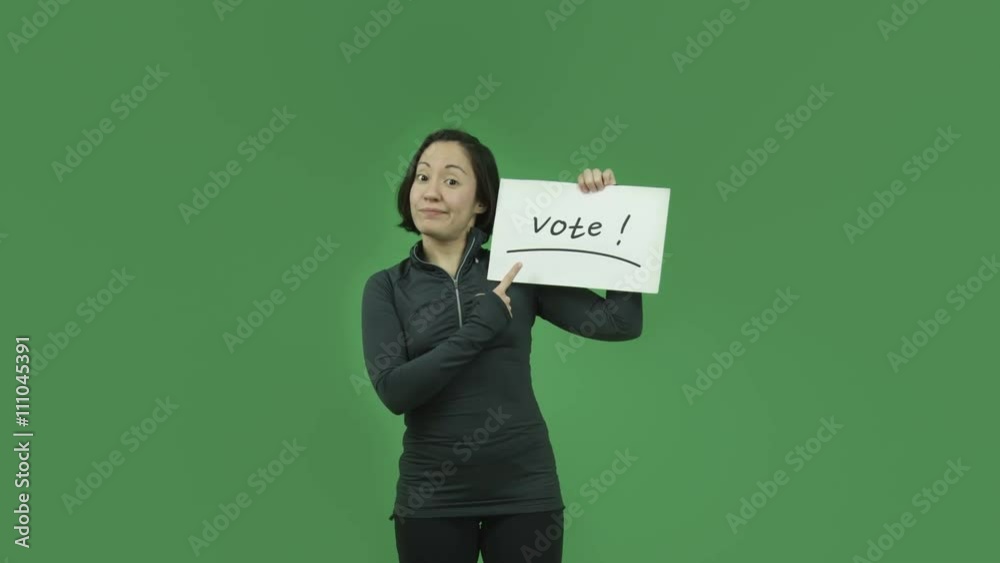 caucasian sporty girl isolated on green screen with vote sign caucasian sporty girl isolated on green screen with vote sign