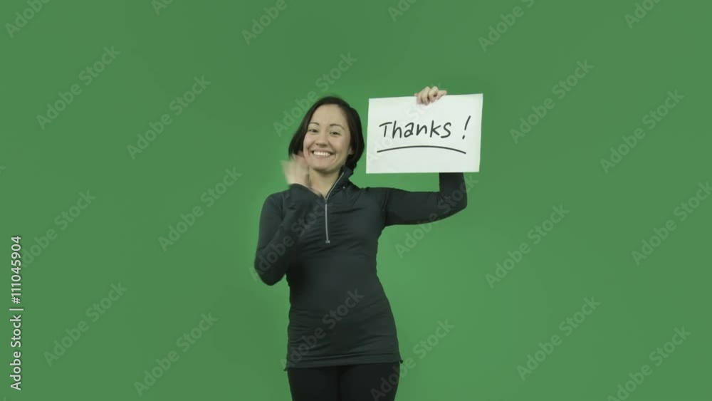 caucasian sporty girl isolated on green screen thanks grateful