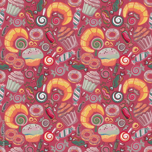 Pastry hand drawn seamless pattern. Doodle background collection confections. Icon set vector