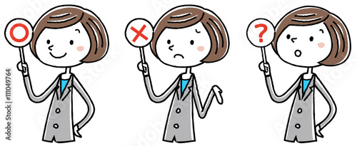 イラスト素材：ビジネス　スーツの女性　正解　不正解　回答