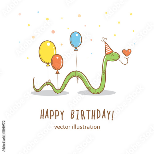Birthday card  with cute cartoon snake in party hat  and colorful balloons. Greetings from funny  animal. Vector image. Children's illustration.