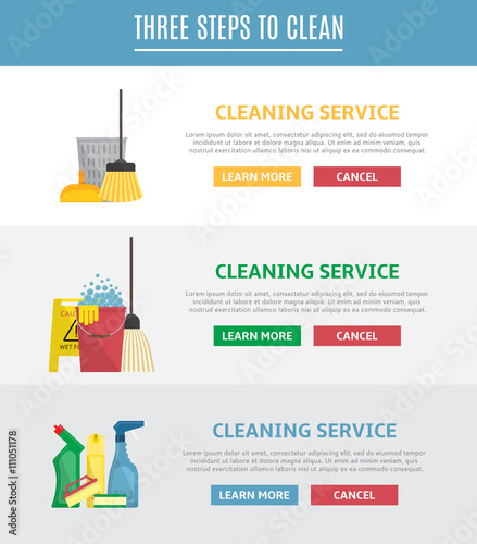 Set of horizontal web banners for cleaning service. Vector illustration with brush, sponge, detergent product, glass cleaner, broom, mop and other different tools for cleaning. Icons in flat style.