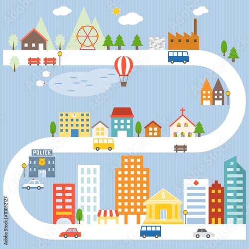 City and village lifestyle info graphic with blue background, flat design