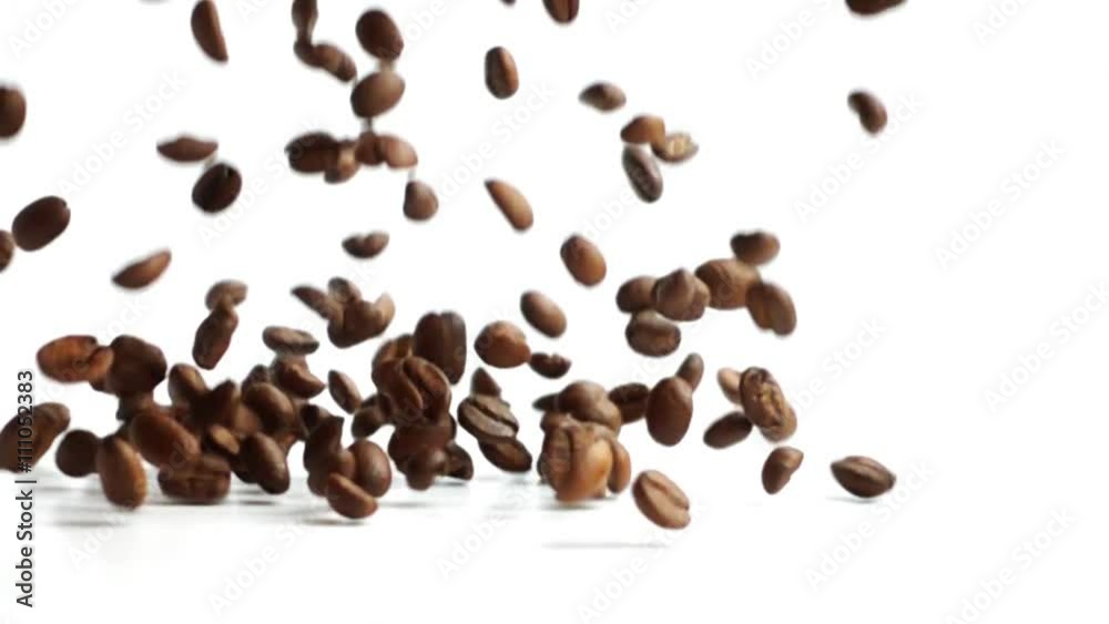 Roasted coffee beans falling down in front of white background. Slow motion. Roasted coffee beans falling down in front of white background. Slow motion.