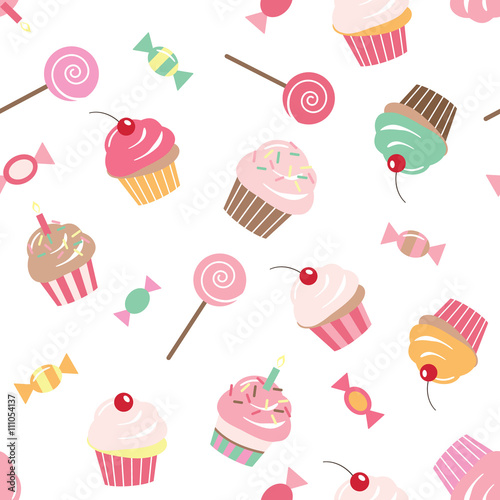 Birthday seamless pattern background with cupcakes, sweets, candies. Bright colors.