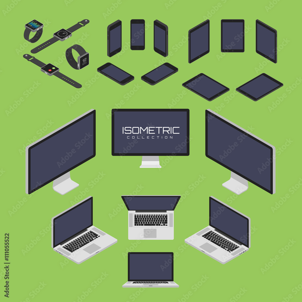 Set of Mobile phone, smart watch, tablet, laptop, computer from four sides icon set vector graphic illustration