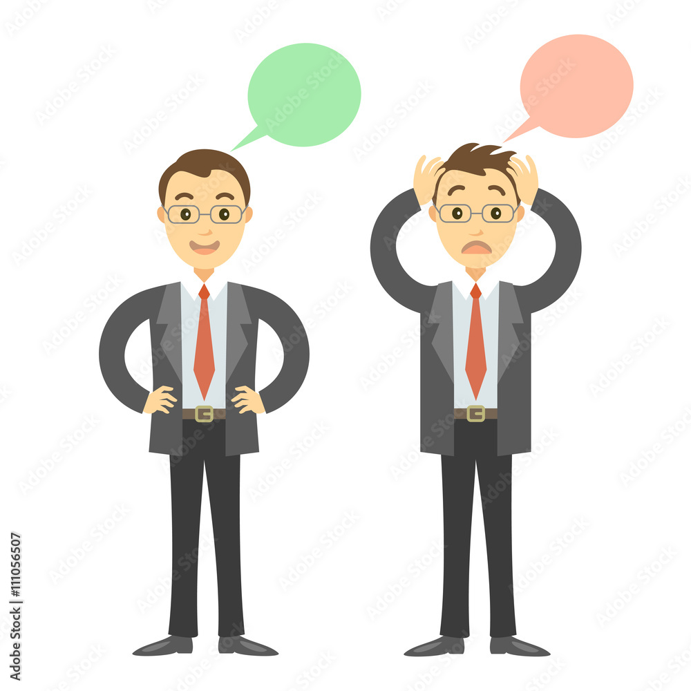 Two businessmen in different poses, sad and happy businessmen. Two businessmen in different poses, sad and happy businessmen.