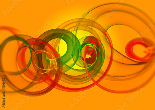 holiday glass transparent rainbow curved spiral and sircles over yellow orange Abstract Background. horizontal Illustration.