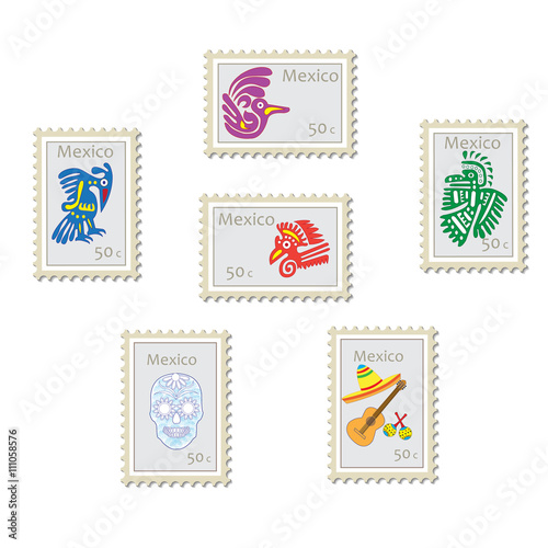 Set of vector postage stamps with symbols and signs of Mexico