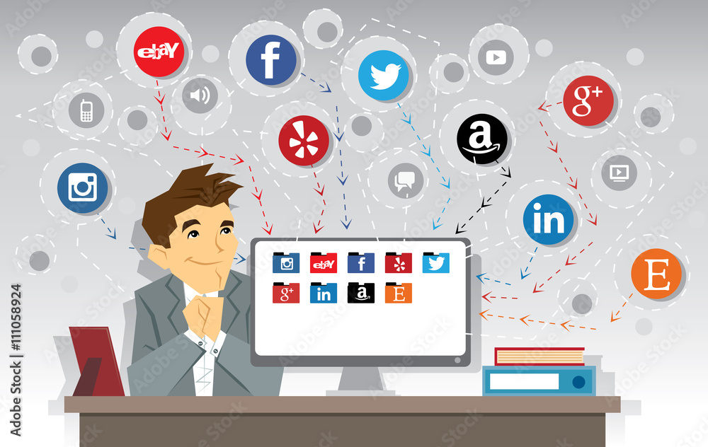 Illustration of business man, computer and networks Illustration of business man, computer and networks