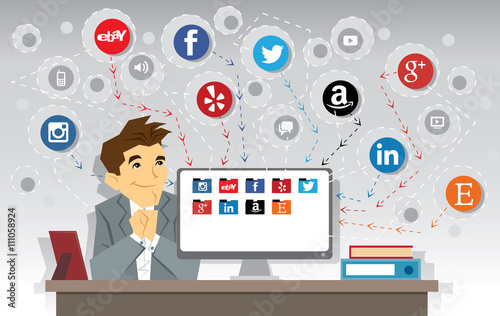 Illustration of business man, computer and networks