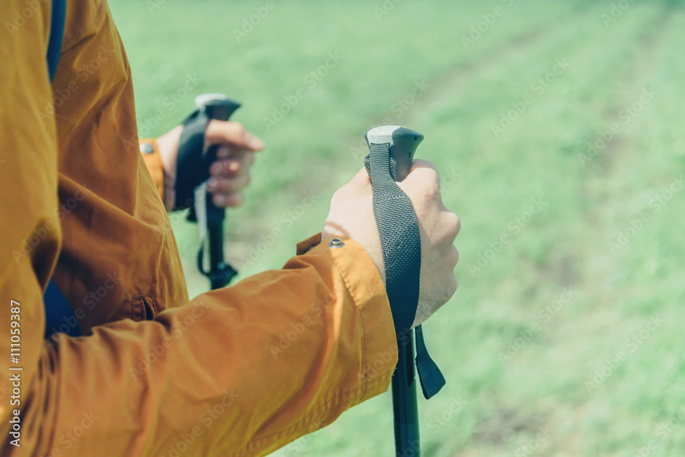 Naklejka premium Hands with trekking poles